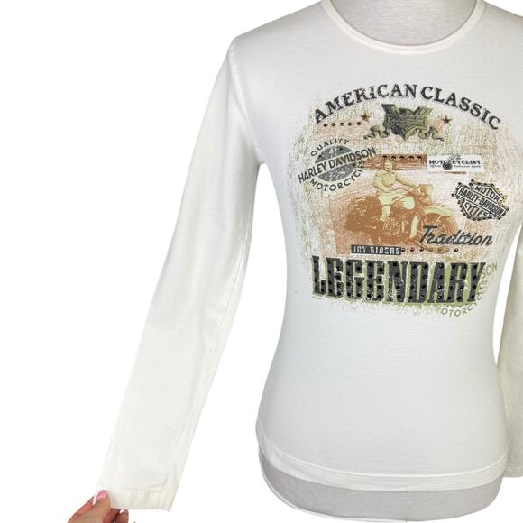 Harley Davidson White Long Sleeve Bedazzled Cotton Blend Logo Edgy Baby Tee - Picture 5 of 11